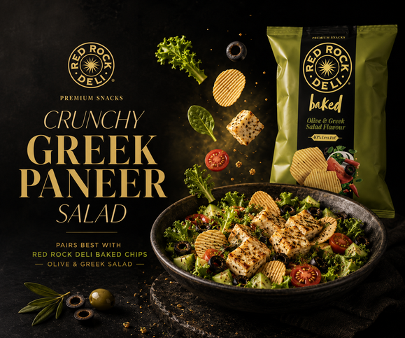 Crunchy Greek Paneer Salad with Red Rock Deli Olive & Greek Salad Chips