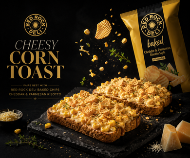 Cheesy Corn Toast with Red Rock Deli Baked Cheddar & Parmesan Risotto Chips