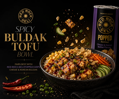 Spicy Buldak Tofu Bowl with Red Rock Deli Cheese & Korean Buldak Popped Chips