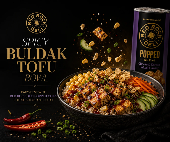 Spicy Buldak Tofu Bowl with Red Rock Deli Cheese & Korean Buldak Popped Chips
